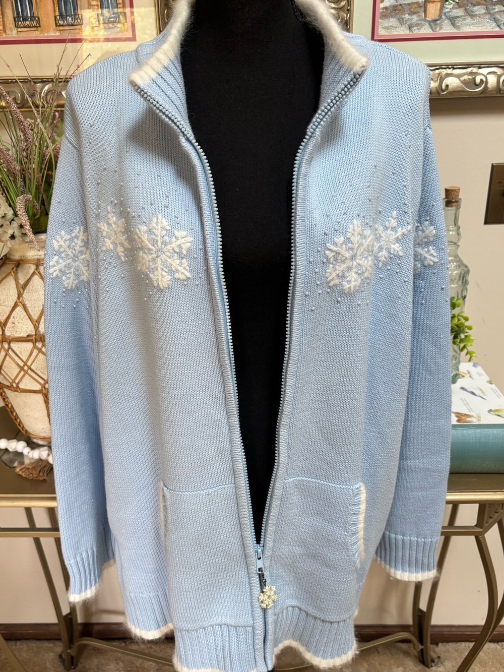 Nordic Zip-Up Snowflake Cardigan Sweater SZ 2X - Beaded - Embroidered Snowflakes